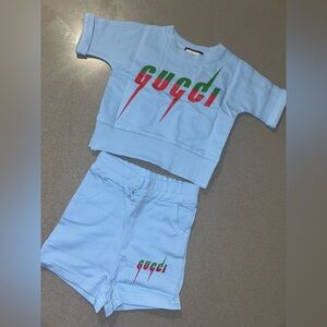 Sky Blue Tee & Shorts Set with Red and Green Logo